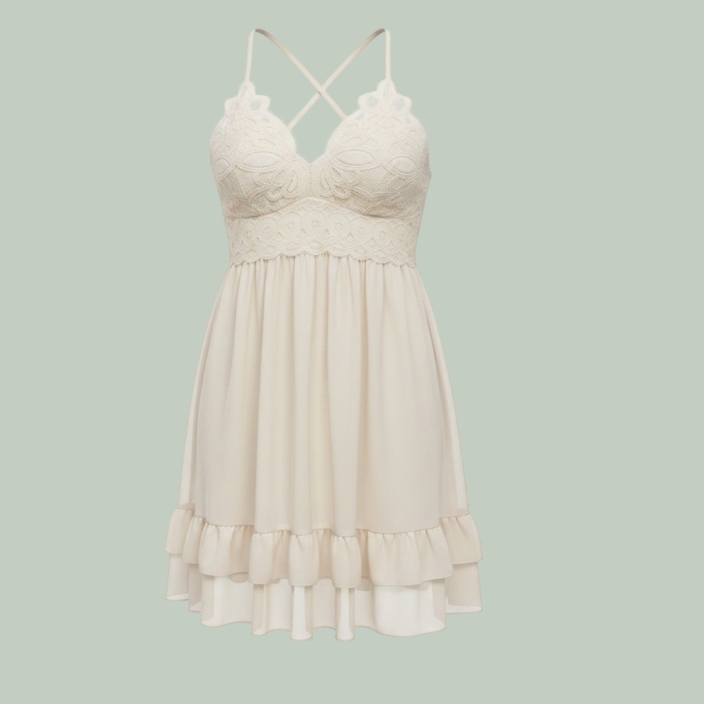 Love Tree Ivory Lace Mini Dress Small Boho Cottagecore Smocked Back Ruffle Hem